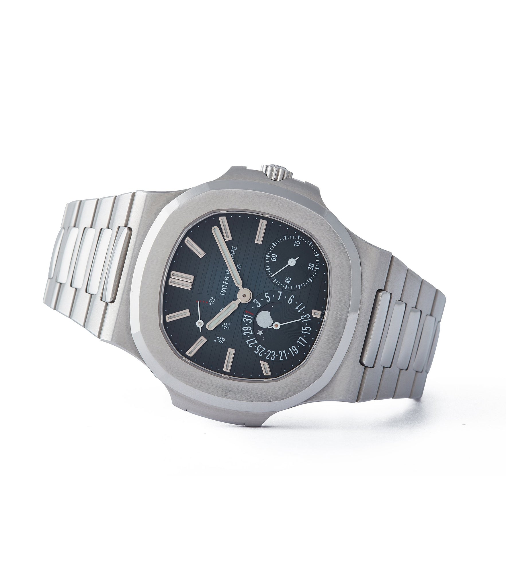 side-shot rare Patek Philippe Nautilus 5712/1A-001 steel moon phase luxury sports watch for sale online A Collected Man London UK specialist rare watches