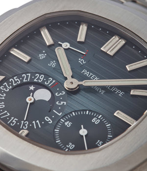 blue dial Patek Philippe Nautilus moon phase 5712/1A-001 steel moon phase luxury sports watch for sale online A Collected Man London UK specialist rare watches