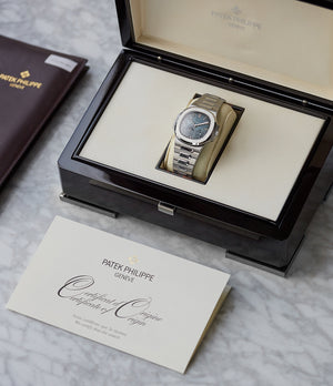 full set pre-owned Patek Philippe Nautilus Moon Phase 5712/1A-001 steel watch for sale online at A Collected Man London UK specialist of rare watches