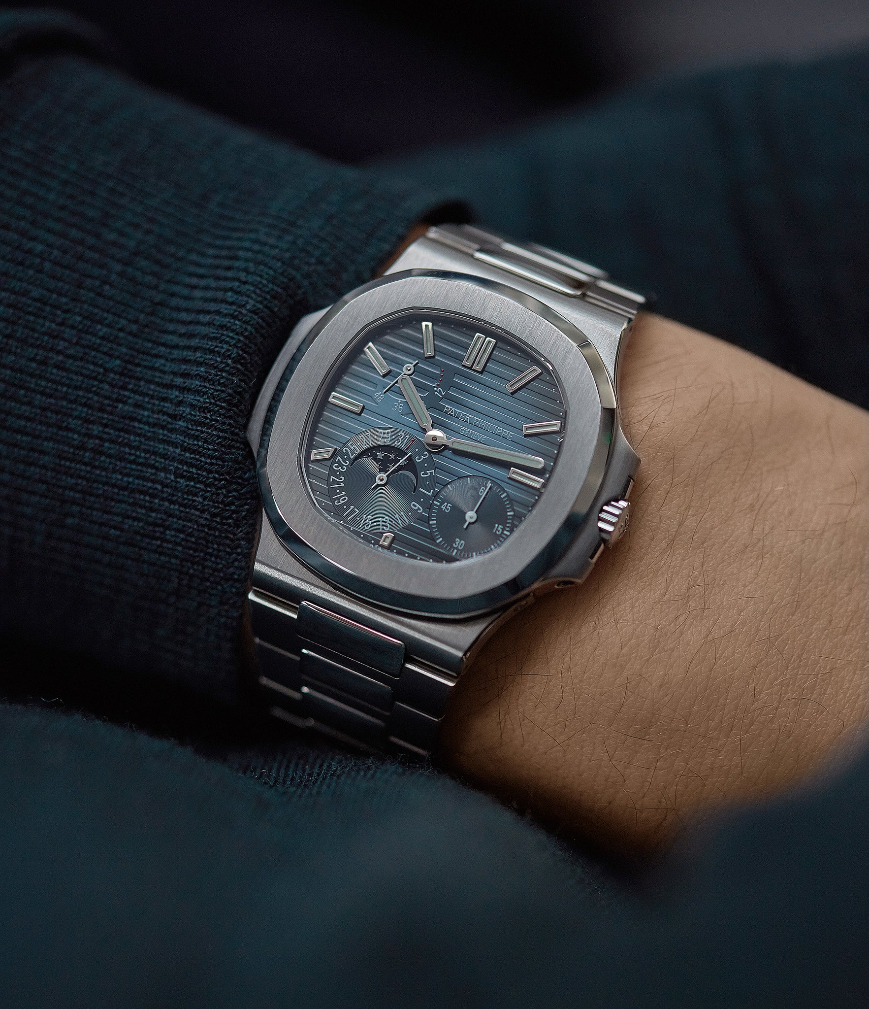 Moon-phase Patek Philippe Nautilus 5712/1A-001 steel pre-owned watch for sale online at A Collected Man London UK specialist of rare watches