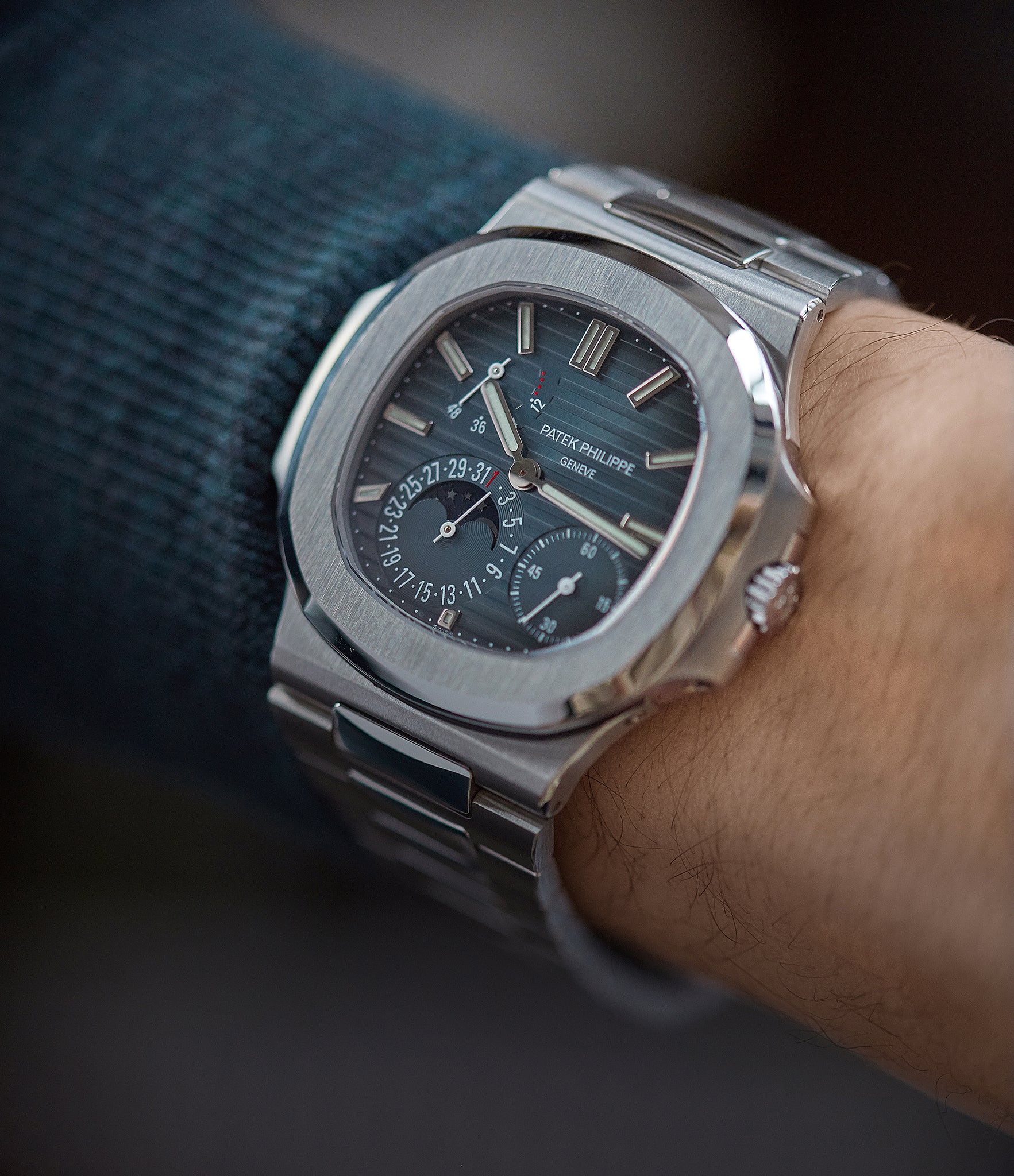wristwatch Patek Philippe Nautilus Moon Phase 5712/1A-001 steel pre-owned watch for sale online at A Collected Man London UK specialist of rare watches