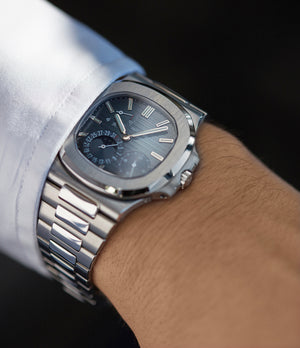 on the wrist Patek Philippe Nautilus Moon Phase 5712/1A-001 steel pre-owned watch for sale online at A Collected Man London UK specialist of rare watches