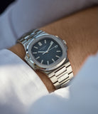 on the wrist Patek Philippe Nautilus 5800/1A-001 steel sport pre-owned watch for sale online at A Collected Man London UK specialist of rare watches
