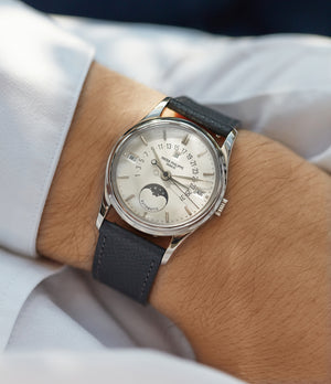 Buy grained leather quality watch strap in misty slate grey from A Collected Man London, in short or regular lengths. We are proud to offer these hand-crafted watch straps, thoughtfully made in Europe, to suit your watch. Available to order online for worldwide delivery.