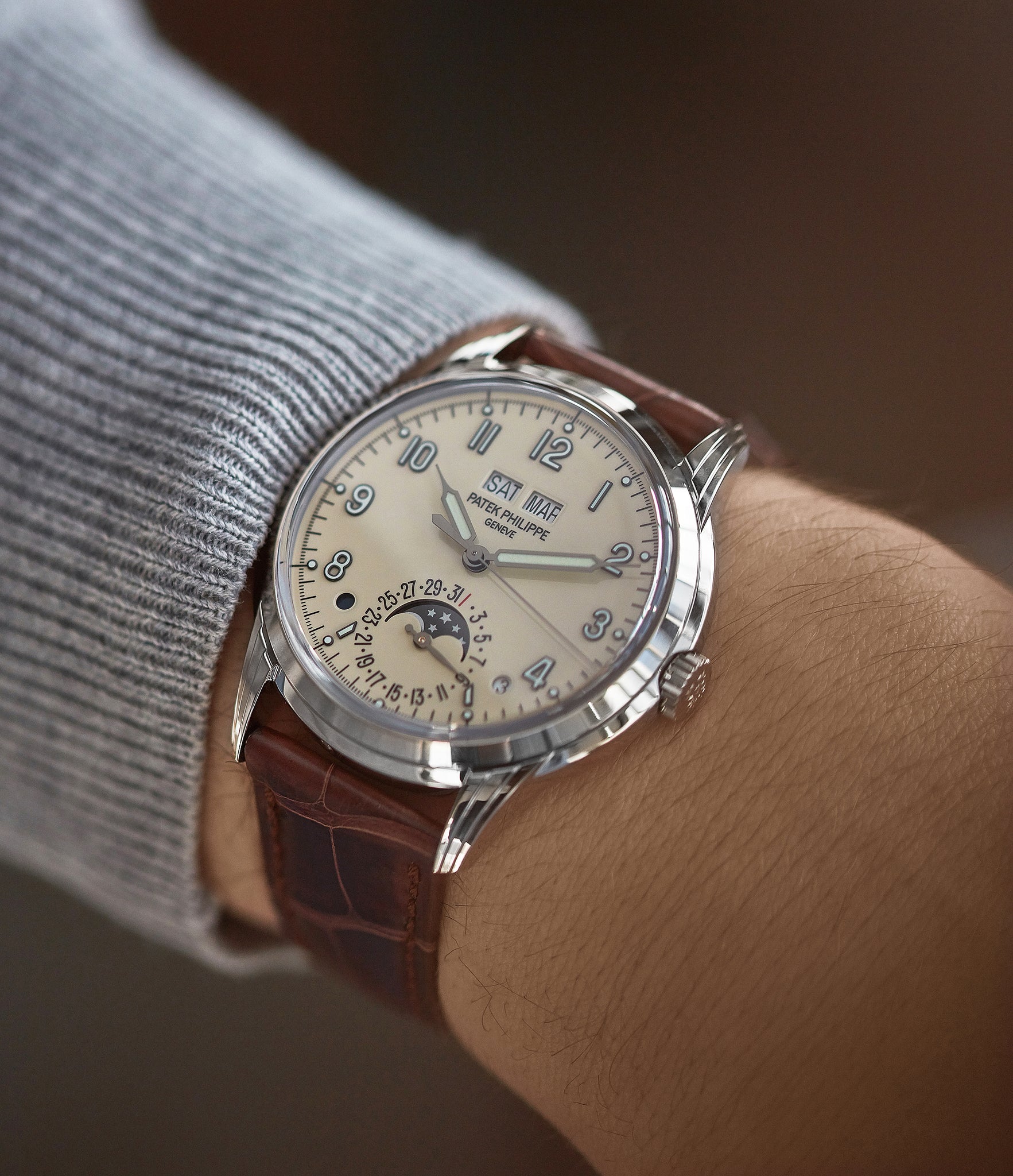 on the wrist Patek Philippe 5320G-001 Perpetual Calendar white gold watch for sale online at A Collected Man London UK specialist of rare watches