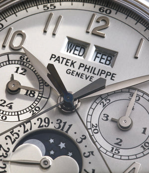 Front dial close up date month | Patek Philippe | Split Seconds Chronograph | 5004 | White Gold | Available worldwide at A Collected Man