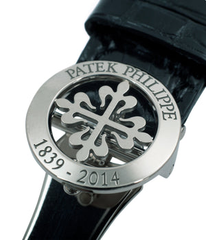 deployant Patek Philippe white gold buckle Worldtimer Moonphase 5575G 175th Anniversary white gold preowned dress watch for sale online at A Collected Man London rare watch specialist