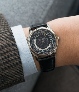 gentlemen's luxury Patek Philippe Worldtimer Moonphase 5575G 175th Anniversary white gold preowned dress watch for sale online at A Collected Man London rare watch specialist