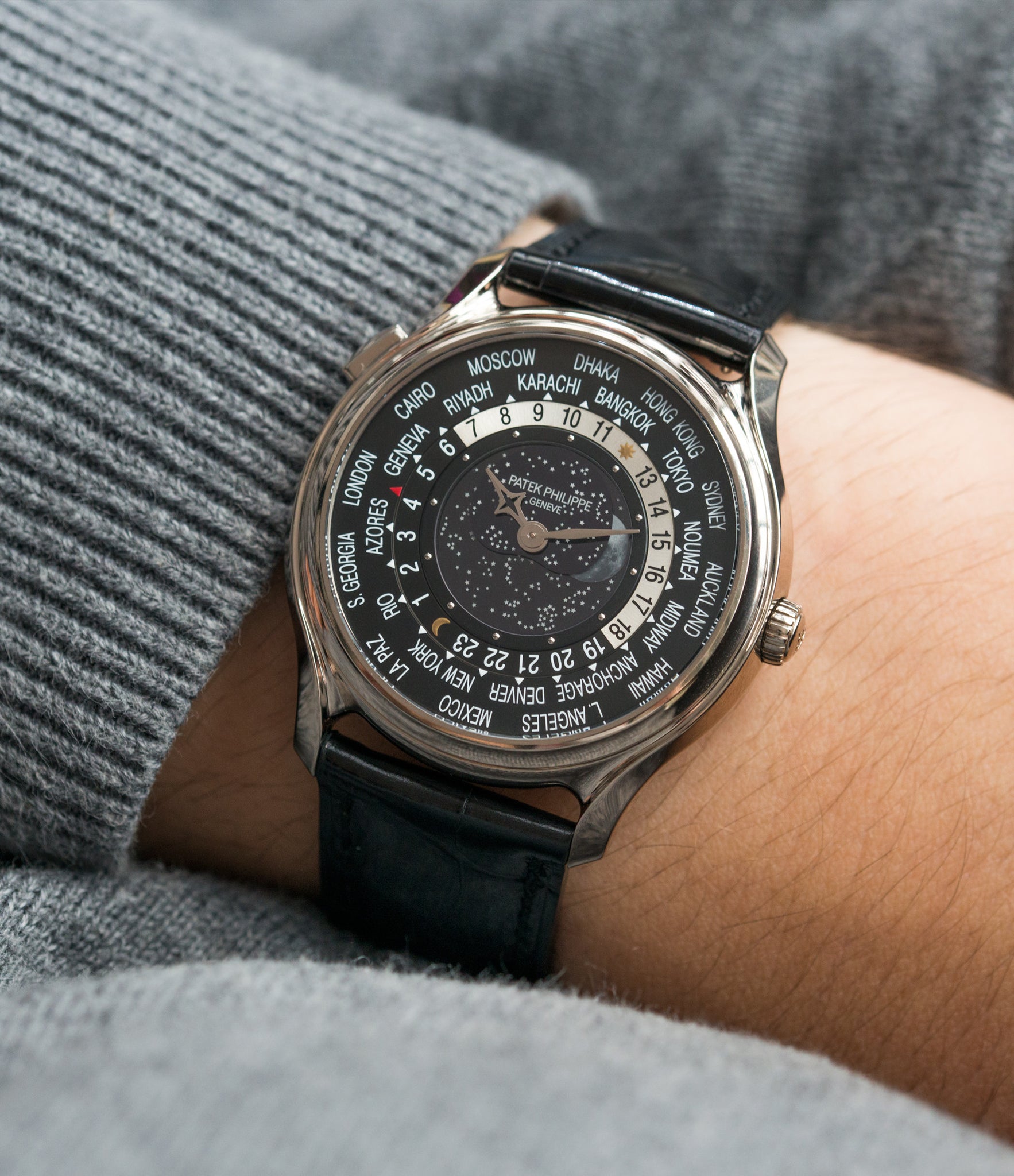 on the wrist Patek Philippe Worldtimer Moonphase 5575G 175th Anniversary white gold preowned dress watch for sale online at A Collected Man London rare watch specialist