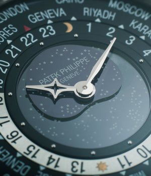 Moonphase Patek Philippe Worldtimer 5575G 175th Anniversary white gold preowned dress watch for sale online at A Collected Man London rare watch specialist