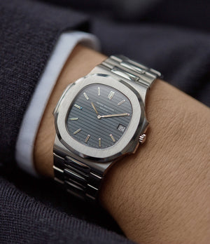 on the wrist vintage Patek Philippe Nautilus 3700/001 full set sport watch for sale online at A Collected Man London UK specialist of rare watches