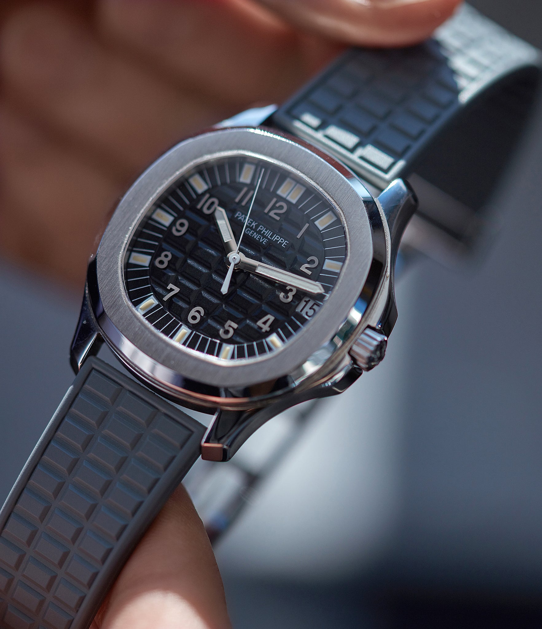 hands-on with Patek Philippe Aquanaut 5065/1A-010 Jumbo steel sport pre-owned watch for sale online at A Collected Man London UK specialist of rare watches