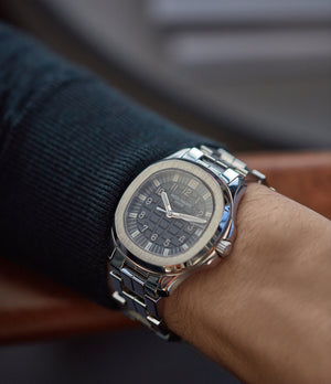 wristwatch Patek Philippe Aquanaut 5065/1A-010 Jumbo steel sport pre-owned watch for sale online at A Collected Man London UK specialist of rare watches