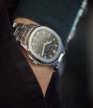 men's wristwatch Patek Philippe Aquanaut 5065/1A-010 Jumbo steel sport pre-owned watch for sale online at A Collected Man London UK specialist of rare watches