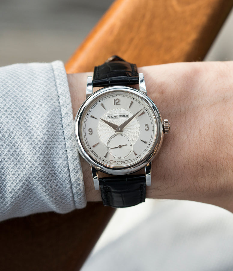 on the wrist early Philippe Dufour Simplicity platinum time-only dress watch for sale online at A Collected Man London UK approved specialist of preowned independent watchmakers
