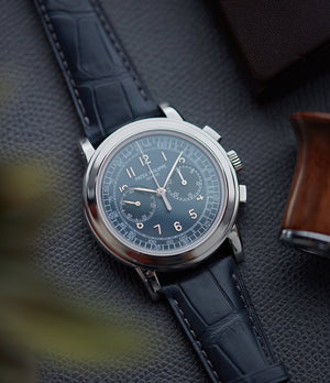 rare Patek Philippe 5070P Chronograph blue dial dress watch for sale online at A Collected Man London UK specialist of rare watches