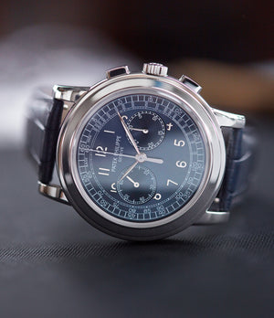 pre-owned luxury watch Patek Philippe 5070P Chronograph blue dial dress watch for sale online at A Collected Man London UK specialist of rare watches