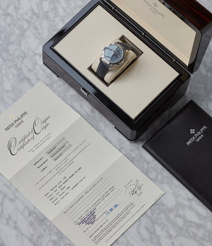 pre-owned full set Patek Philippe 5070P Chronograph blue dial dress watch for sale online at A Collected Man London UK specialist of rare watches
