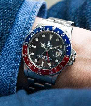 on the wrist vintage Rolex GMT Master 1675 steel traveller sport watch Pepsi bezel for sale online at A Collected Man London vintage watch specialist