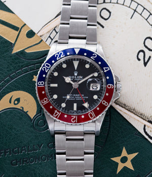 selling vintage Rolex GMT Master 1675 steel traveller sport watch Pepsi bezel for sale online at A Collected Man London vintage watch specialist