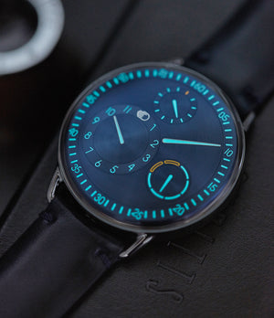 luminous blue dial Ressence Type 1N titanium independent watchmaker watch for sale online at A Collected Man London UK specialist of rare watches