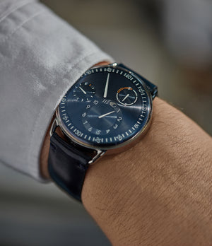 on the wrist Ressence Type 1N titanium blue dial independent watchmaker watch for sale online at A Collected Man London UK specialist of rare watches