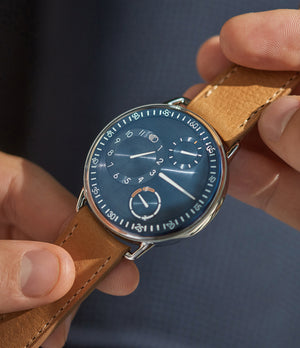 hands on with Ressence Type 1N titanium blue dial independent watchmaker watch for sale online at A Collected Man London UK specialist of rare watches