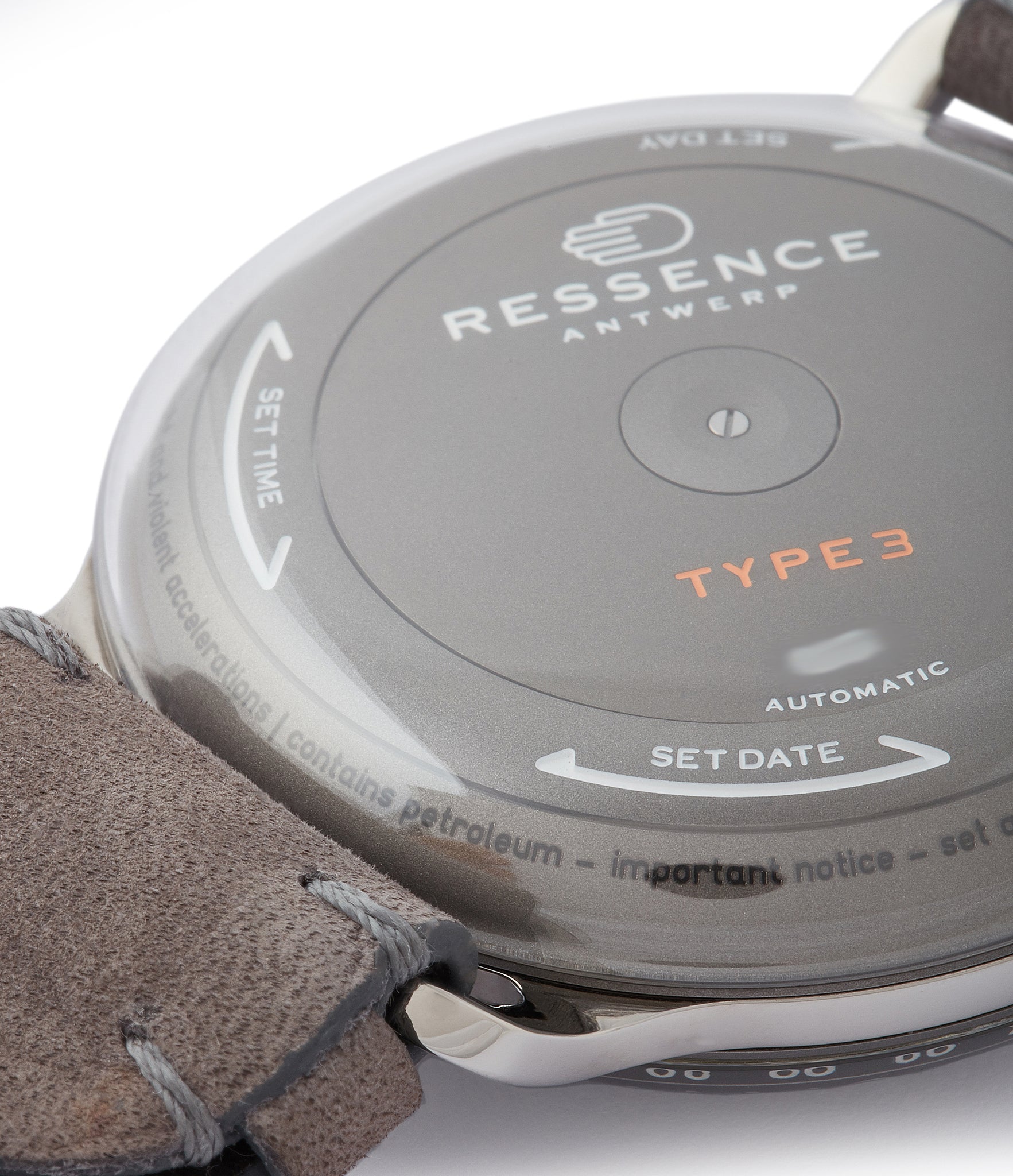 winding case-back Ressence Type 3S oil-filled mechanical titanium watch for sale online at A Collected Man London UK specialaist of rare watches