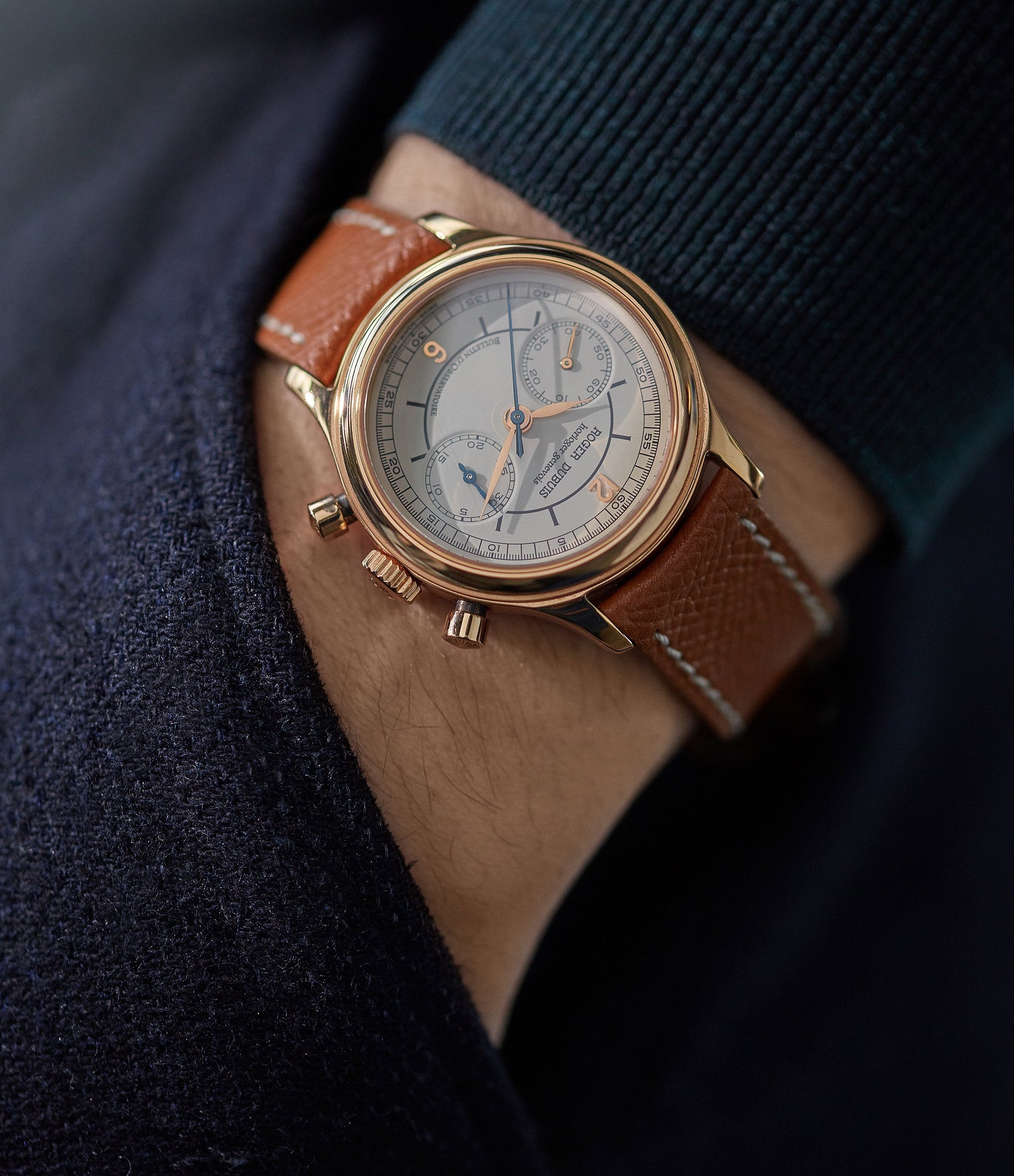 Order Paris Molequin watch strap Roger Dubuis grained tan calfskin leather quick-release springbars buckle handcrafted European-made for sale online at A Collected Man London