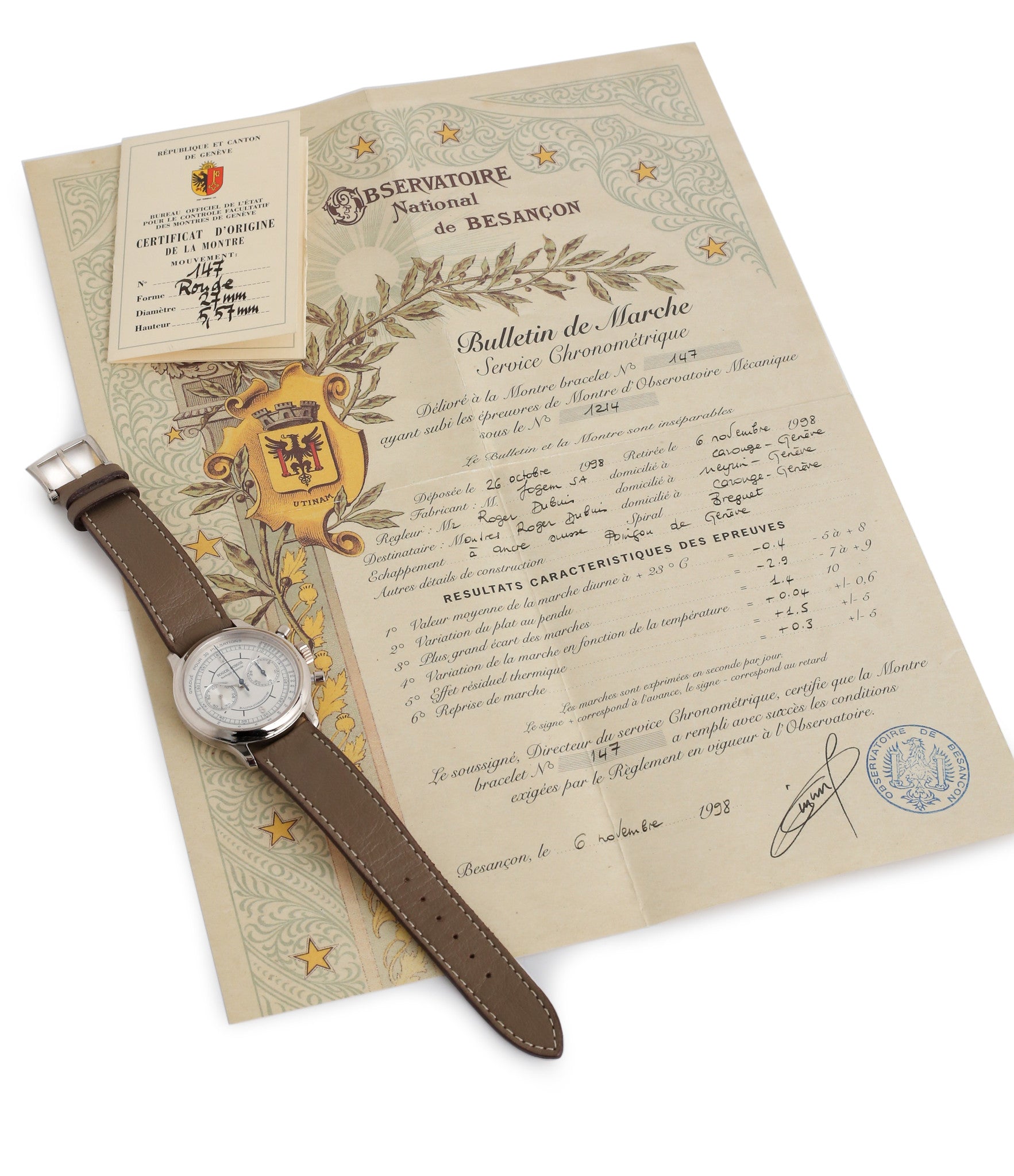 Besancon Certificate with Roger Dubuis Hommage Chronograph early rare watch H37 560 online at a Collcted Man