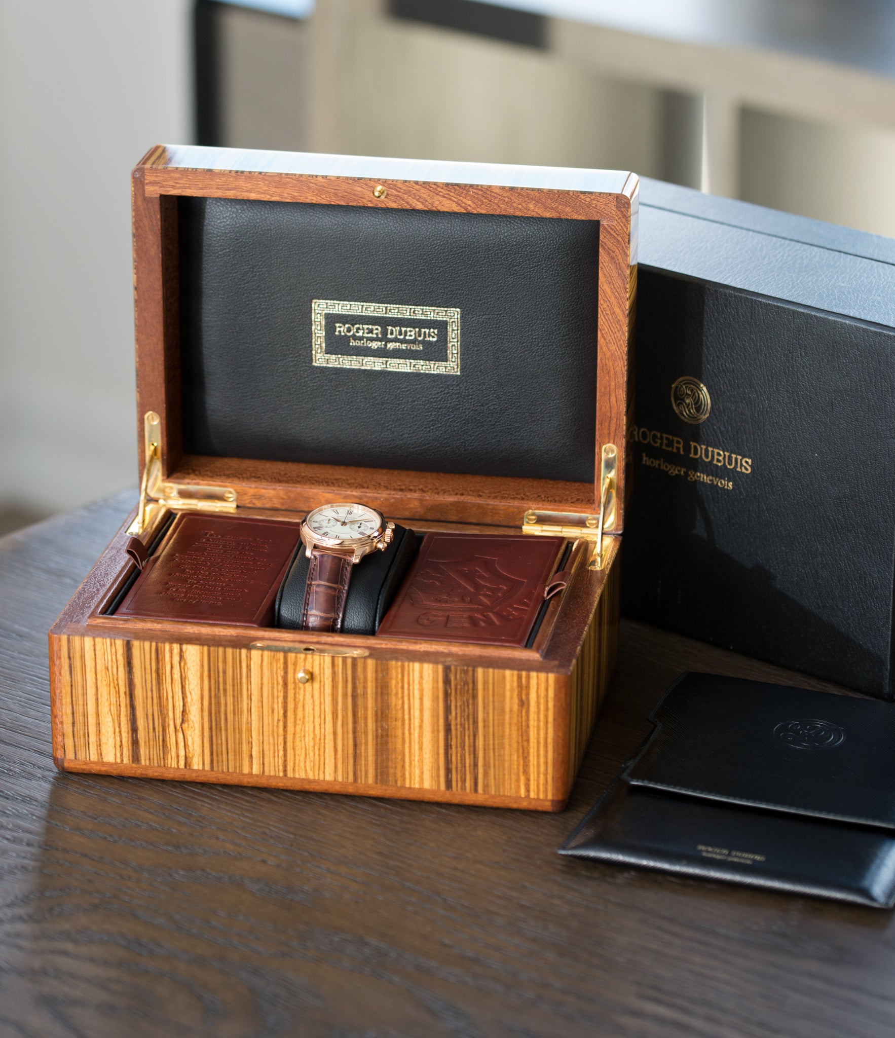 full set early Roger Dubuis Hommage Chronograph H37 565 rose gold pre-owned watch online at A Collected Man London UK specialist rare watches