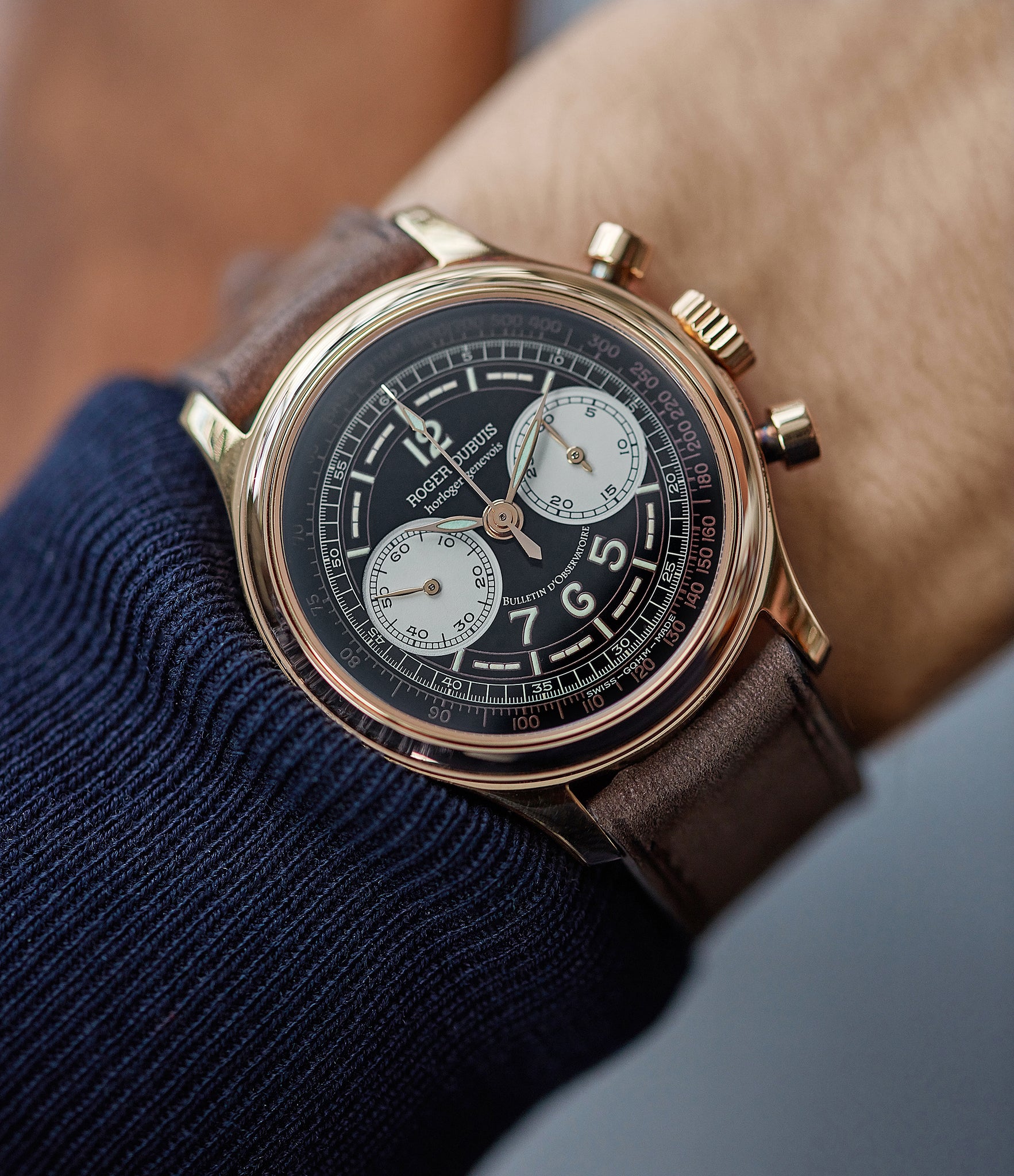 on the wrist early Roger Dubuis Hommage Chronograph H37 560 Cal. RD56 rose gold watch black dial for sale online at A Collected Man London UK specialist of rare watches