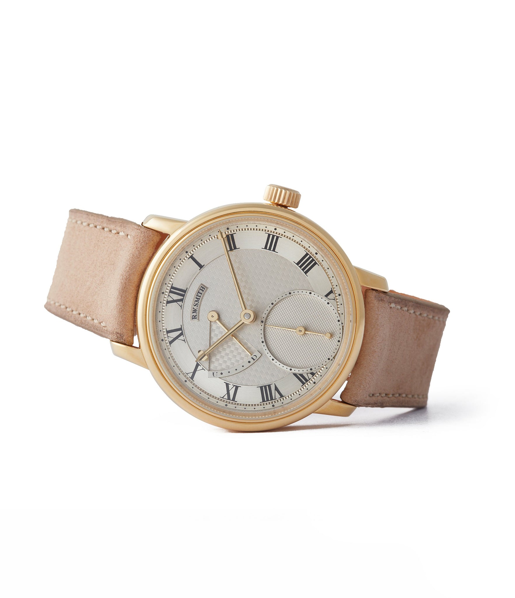 side-shot British watchmaker Roger W. Smith Series 2 yellow gold early pre-owned independent watchmaker for sale online A Collected Man exclusively approved re-seller Roger Smith 