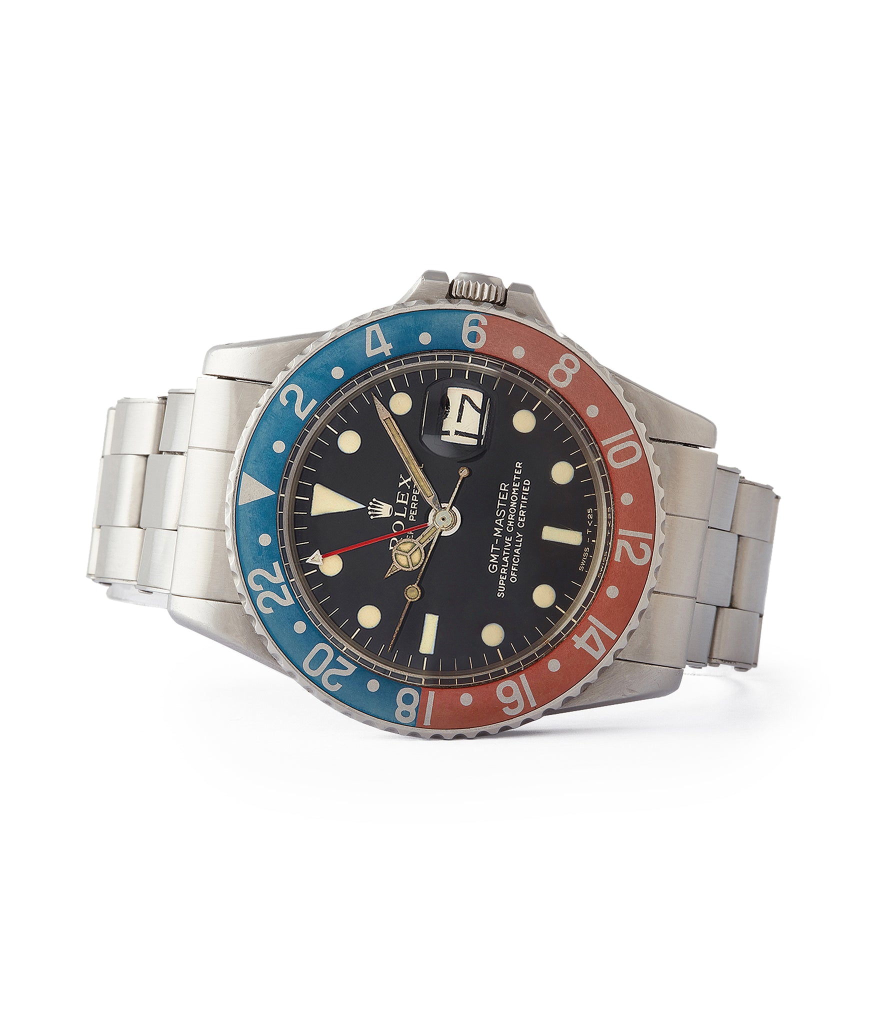 side-shot Rolex GMT-Master Pepsi bezel 1675 Gilt dial full set sports watch for sale online at A Collected Man London UK specialist of rare watches