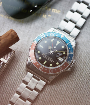shop vintage rare Rolex GMT-Master 1675 Gilt dial full set sports watch for sale online at A Collected Man London UK specialist of rare watches