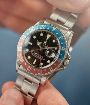 find rare vintage Rolex GMT-Master 1675 Gilt dial full set vintage watch for sale online at A Collected Man London UK specialist of rare watches