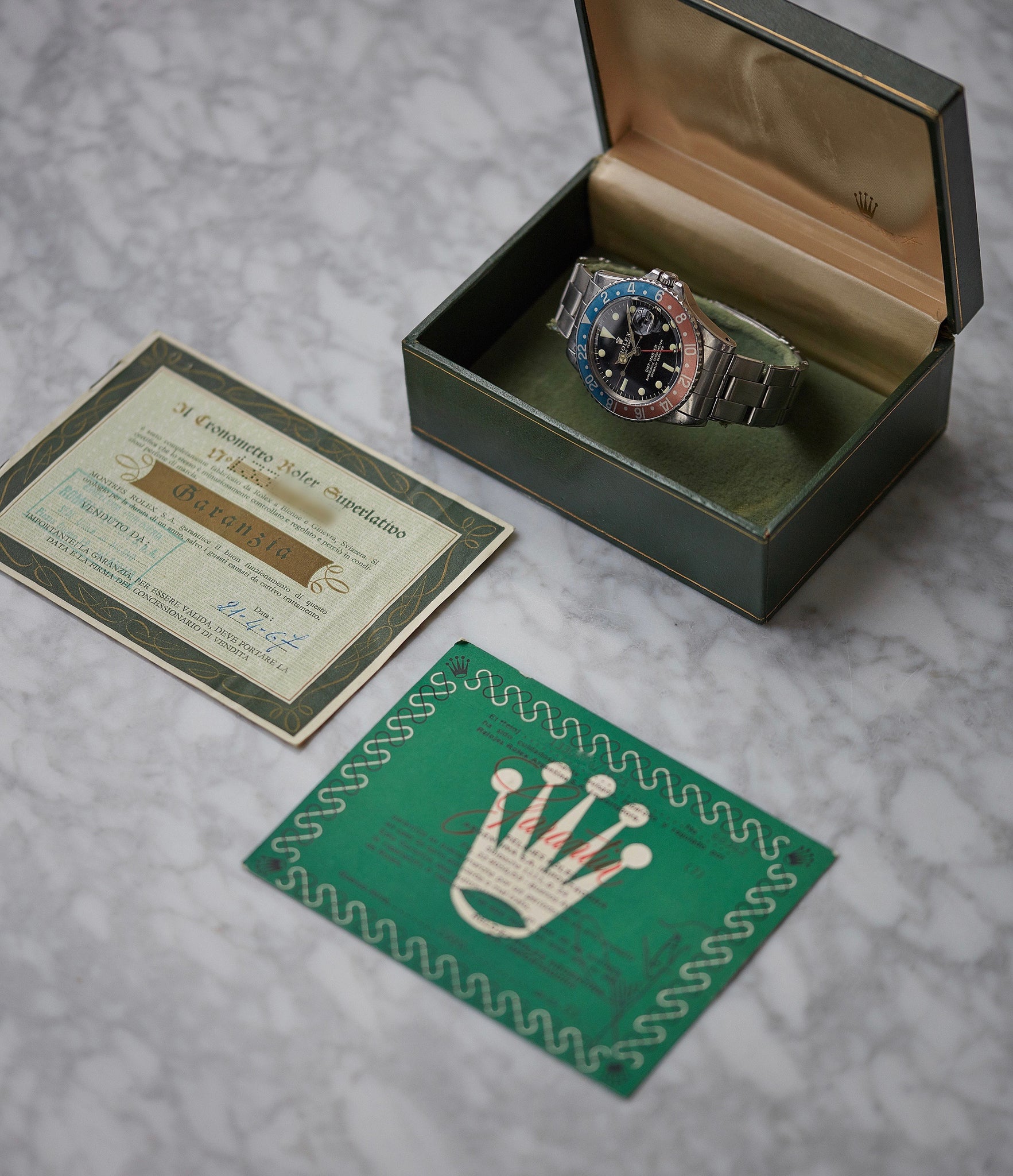 full set pre-owned Rolex GMT-Master 1675 Gilt dial vintage watch for sale online at A Collected Man London UK specialist of rare watches