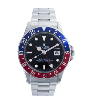 buy vintage Rolex GMT Master 1675 steel traveller sport watch Pepsi bezel for sale online at A Collected Man London vintage watch specialist