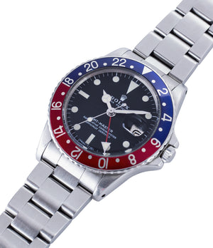 Rolex GMT Master 1675 vintage steel traveller sport watch Pepsi bezel for sale online at A Collected Man London vintage watch specialist