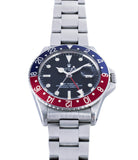 red blue Pepsi bezel vintage Rolex GMT Master 1675 vintage steel traveller sport watch Pepsi bezel for sale online at A Collected Man London vintage watch specialist