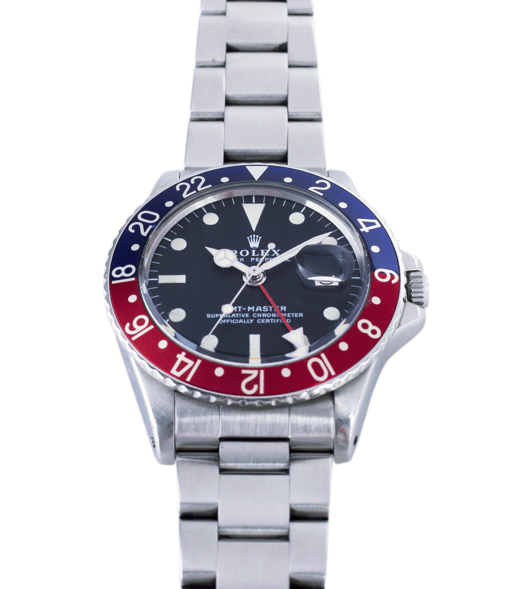 red blue Pepsi bezel vintage Rolex GMT Master 1675 vintage steel traveller sport watch Pepsi bezel for sale online at A Collected Man London vintage watch specialist