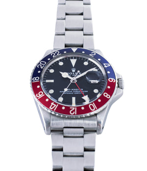 red blue Pepsi bezel vintage Rolex GMT Master 1675 vintage steel traveller sport watch Pepsi bezel for sale online at A Collected Man London vintage watch specialist