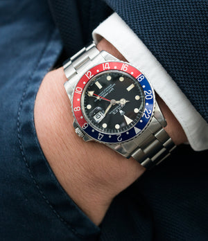 red blue bezel Rolex 16750 GMT-Master Pepsi bezel steel sport traveller watch for sale online at A Collected Man London vintage watch specialist
