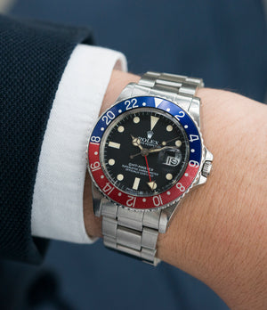 on the wrist vintage Rolex GMT-Master 16750 steel sport traveller watch for sale online at A Collected Man London vintage watch specialist