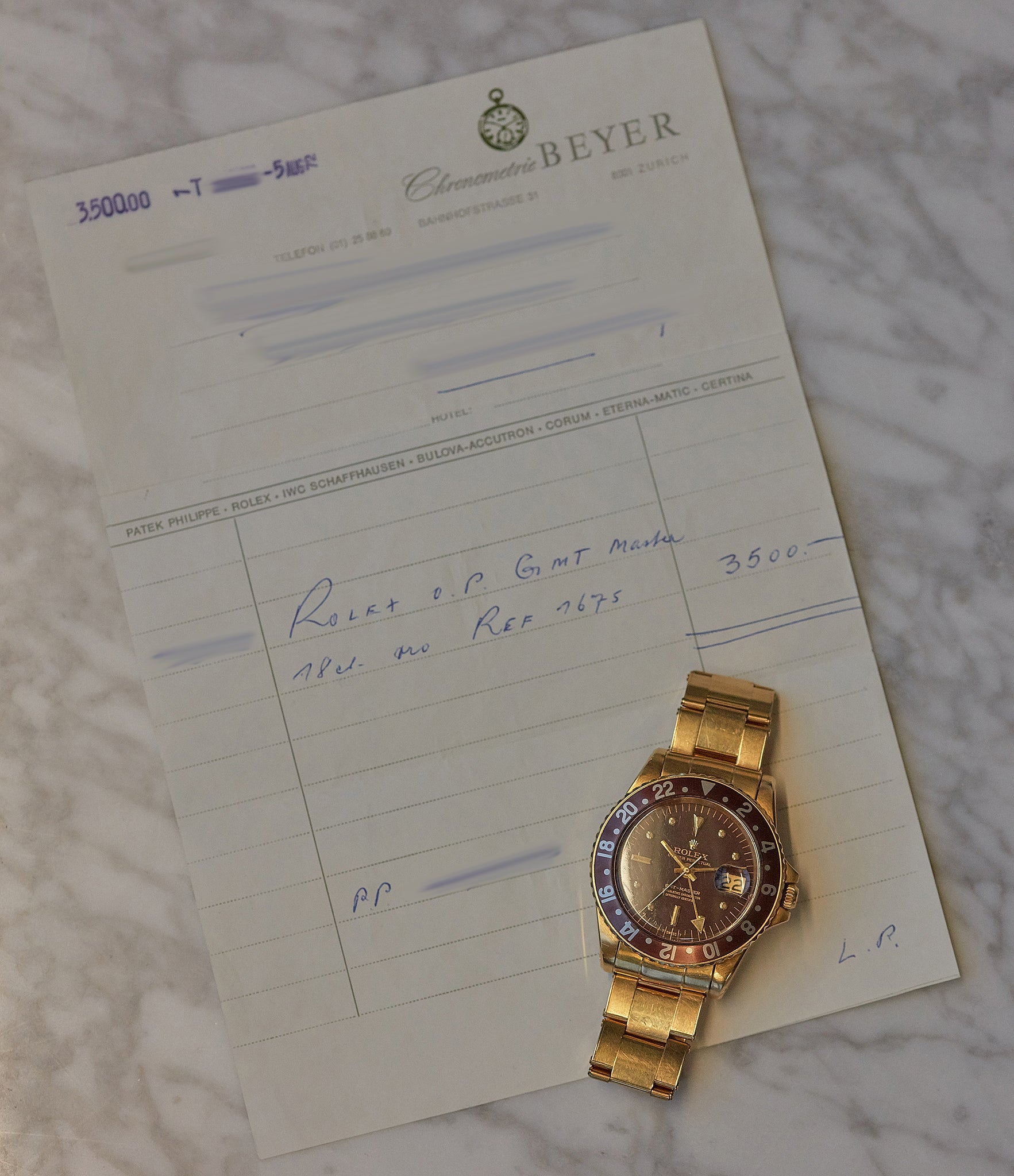 original purchase receipt 1675/8 Rolex GMT-Master Concorde yellow gold watch full set for sale online at A Collected Man London UK specialist of rare watches
