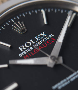 black dial Rolex red Milgauss 1019 steel  for sale online at A Collected Man London UK specialist rare vintage Rolex watches