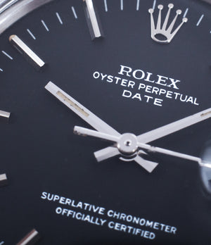 black sigma dial Rolex 1500 steel date sports vintage watch for sale online at A Collected Man vintage watch specialist