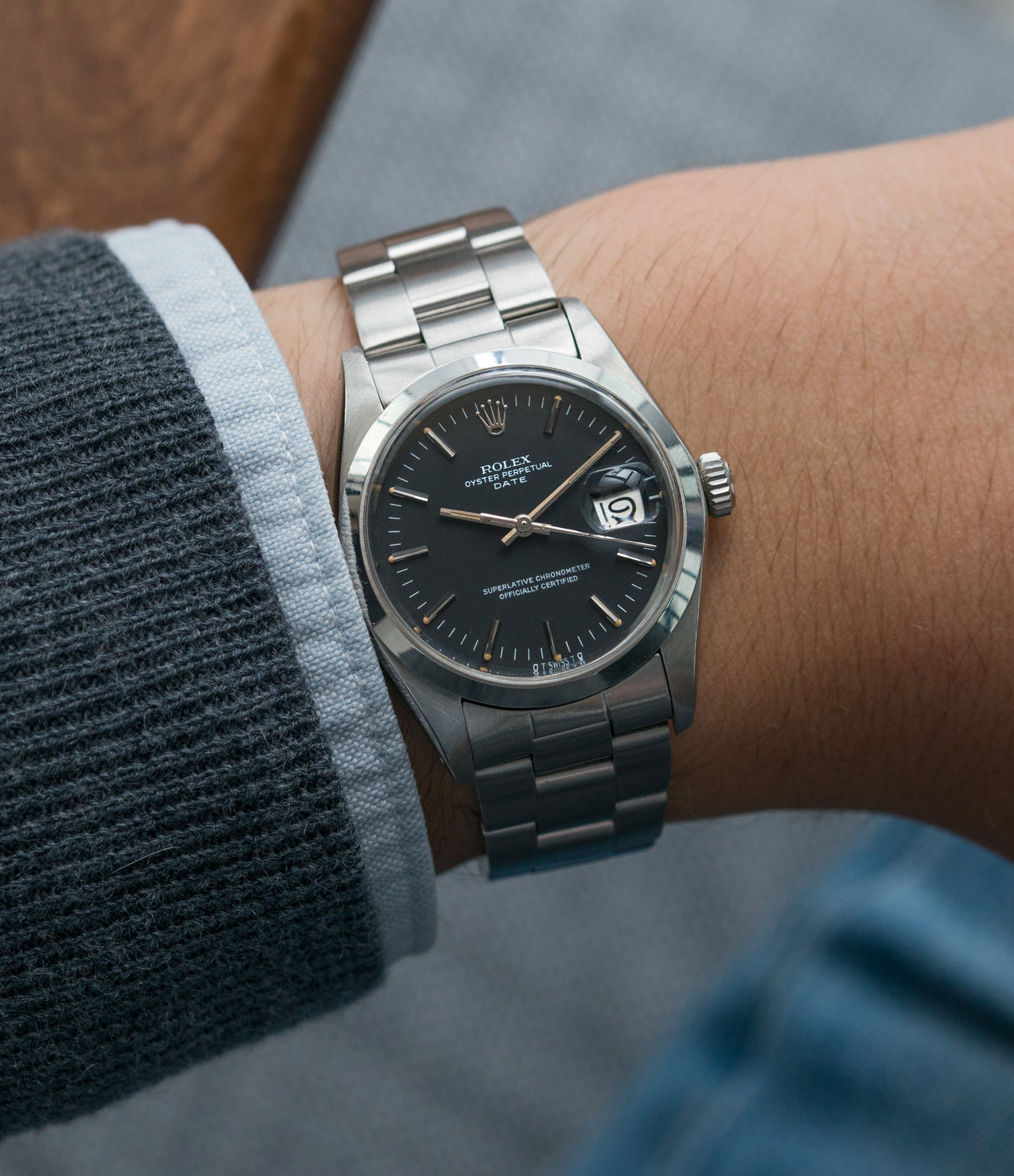 on the wrist vintage Rolex 1500 steel black sigma dial date sports watch for sale online at A Collected Man vintage watch specialist