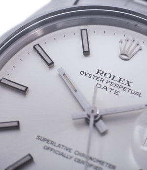 silver dial vintage Rolex Oyster Date 1500 steel vintage watch full set for sale online at A Collected Man rare vintage watch specialist