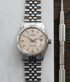 buying Rolex Datejust 1601 linen dial Oyster Perpetual vintage automatic steel sport dress watch for sale online at A Collected Man London UK specialist rare vintage watches